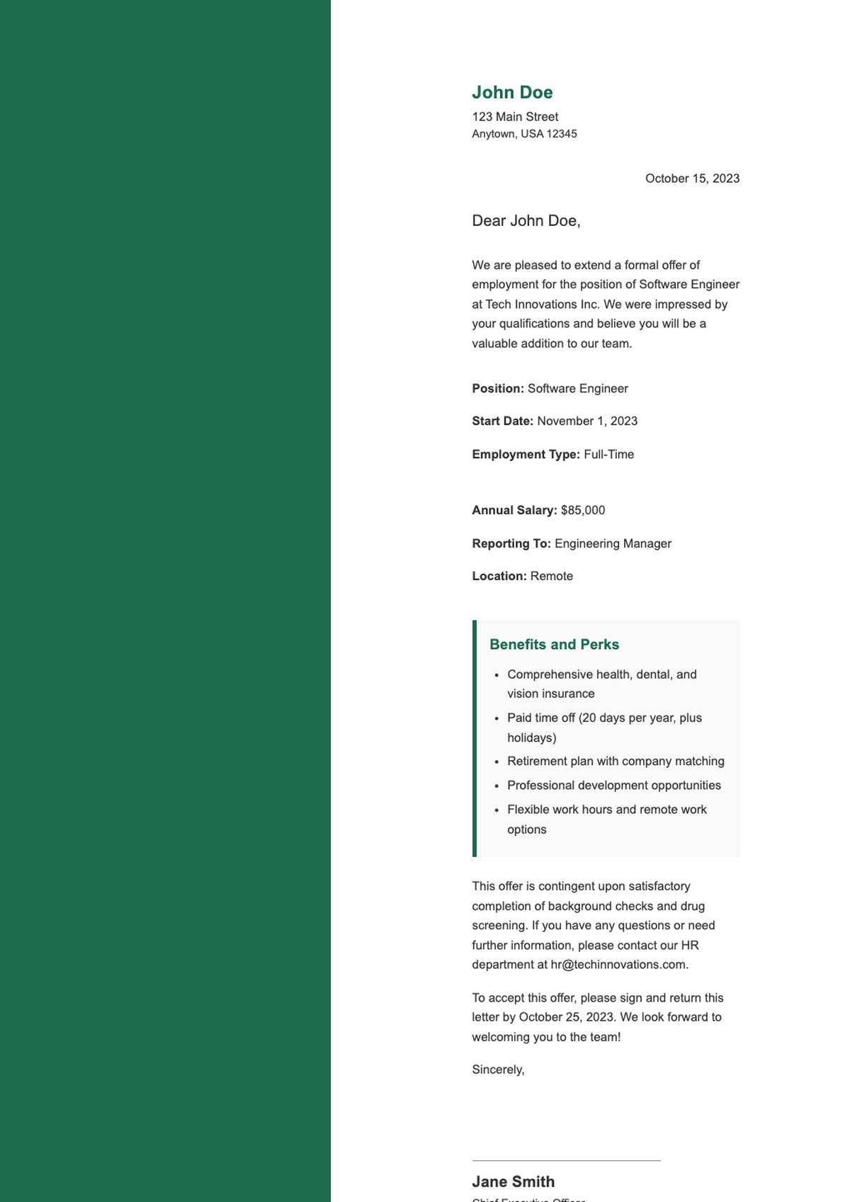 Formal job offer letter for Accounts Manager position with salary details and benefits handbook_variant_1